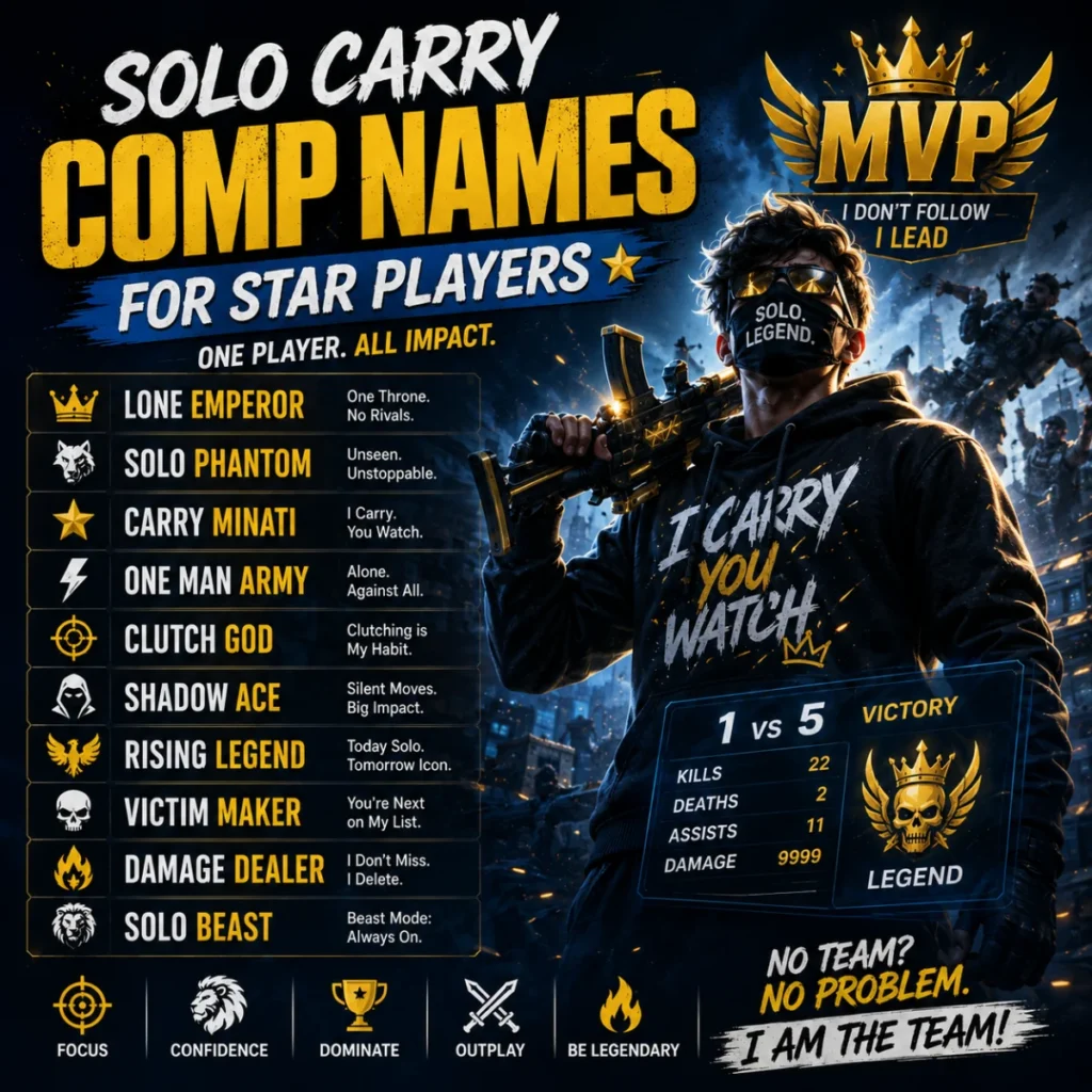 Solo carry comp names for star players with an MVP gamer, victory stats, and powerful esports visuals.