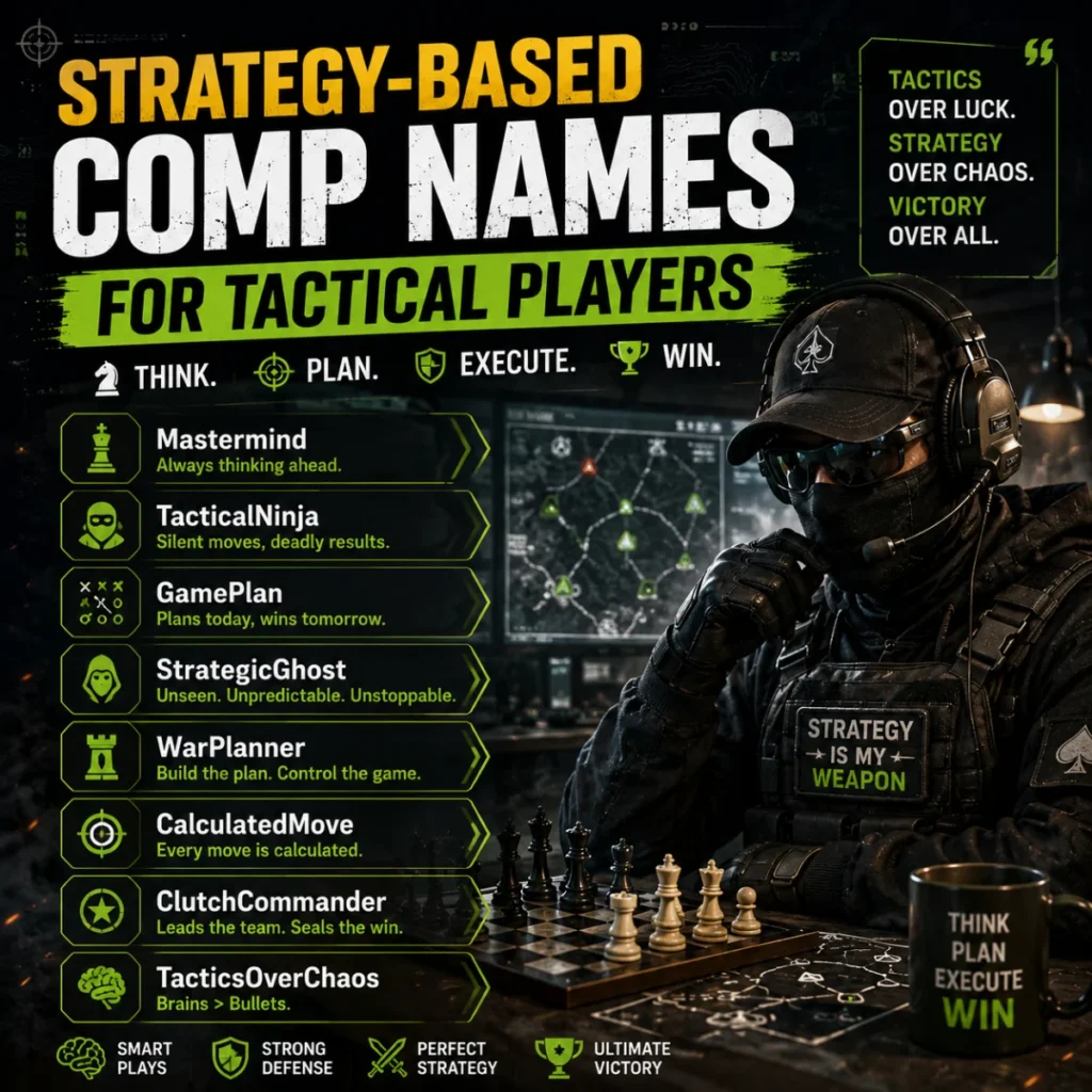 Strategy-based comp names for tactical players with chess, military maps, and competitive gaming themes.