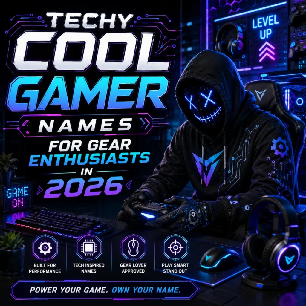 Techy cool gamer names for gear enthusiasts in 2026 with a neon masked gamer and RGB gaming setup