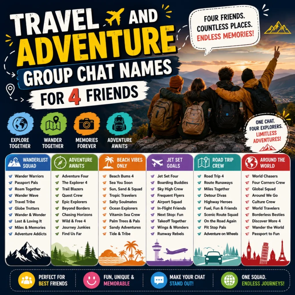 Travel and adventure group chat names for 4 friends with wanderlust, road trip, beach, and jet-set ideas