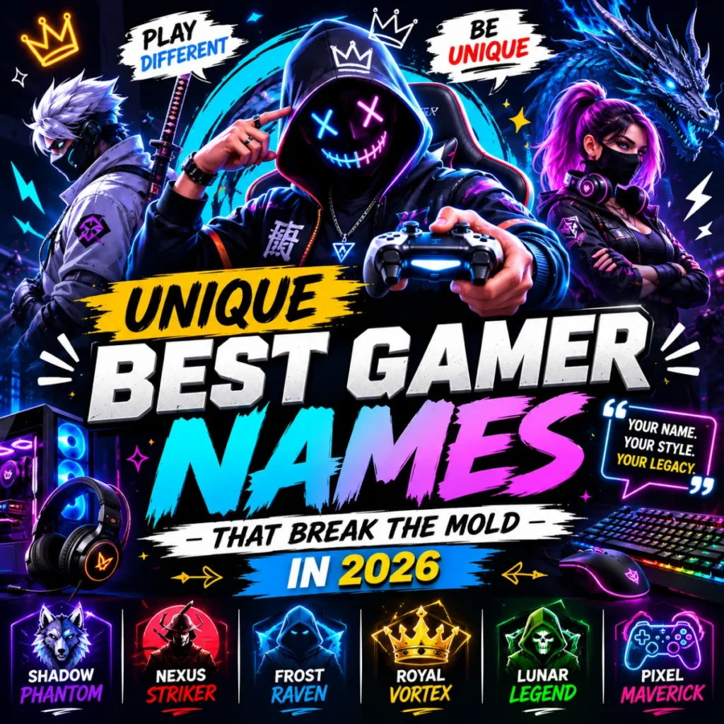 Unique best gamer names in 2026 with futuristic gaming characters and neon cyberpunk esports design