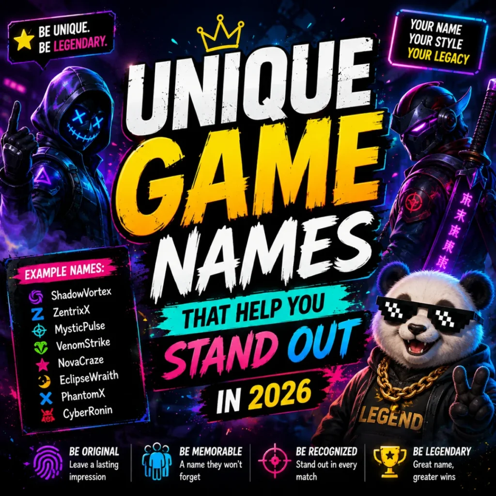 Unique game names for every player in 2026 with futuristic gaming characters, neon effects, and creative gamer name ideas