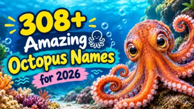 308+ amazing octopus names with a cute orange octopus underwater in a colorful coral reef scene.