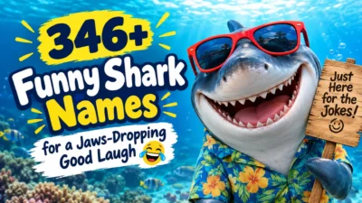 346+ funny shark names with a smiling shark wearing sunglasses and a Hawaiian shirt underwater