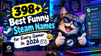 398+ funny Steam names with a playful cat gamer wearing headphones and sunglasses in a colorful gaming setup