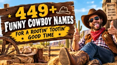 449+ funny cowboy names with a playful cowboy relaxing in a sunny Western desert scene