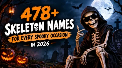 478+ skeleton names for spooky occasions with a hooded skeleton in a moonlit graveyard