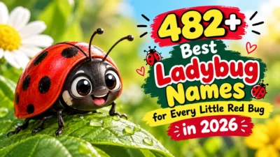 482+ best ladybug names with a cute red ladybug on a green leaf in a garden