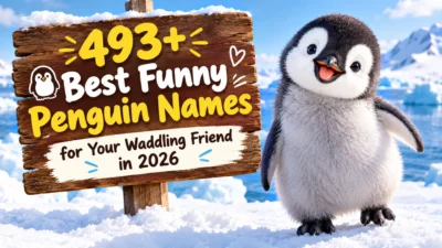 493+ funny penguin names for a cute waddling friend in 2026 with a playful penguin in snowy mountains