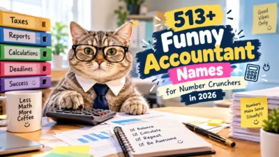 Funny accountant names with a cat accountant wearing glasses and working with a calculator