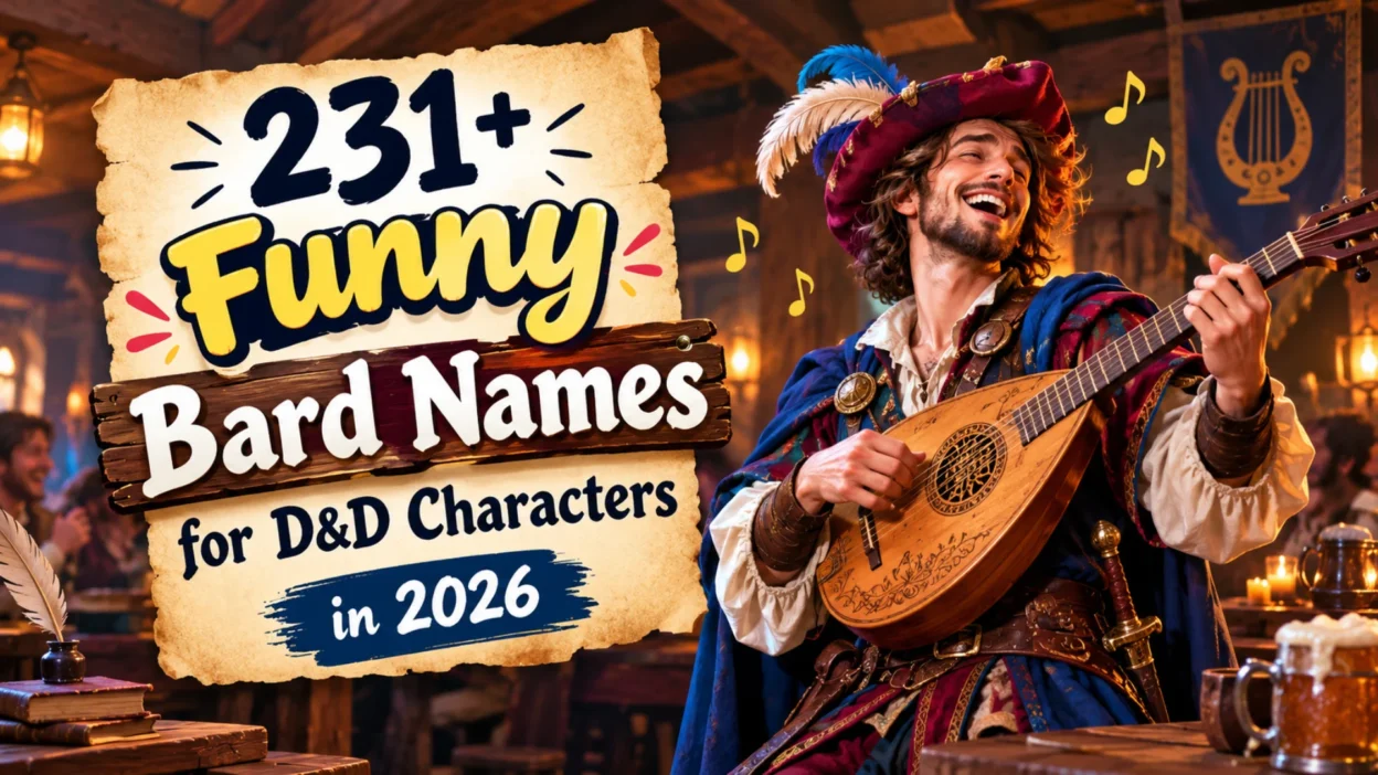 Funny Bard Names for D&D Characters 2026 featuring a cheerful fantasy bard playing a lute in a lively medieval tavern