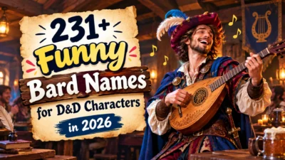 Funny Bard Names for D&D Characters 2026 featuring a cheerful fantasy bard playing a lute in a lively medieval tavern