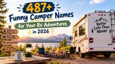 487+ funny camper names for RV adventures with a scenic mountain campsite