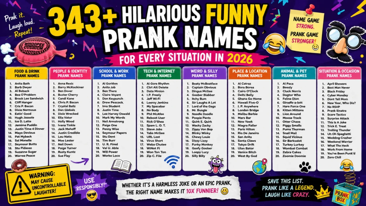 343+ hilarious funny prank names for every situation, with food, school, tech, silly, pet and occasion ideas