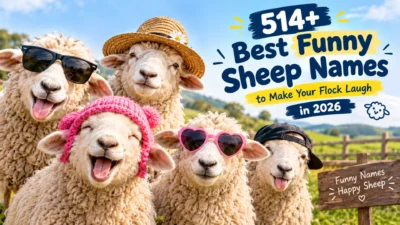 Funny sheep names with playful sheep wearing sunglasses and hats in a sunny farm meadow