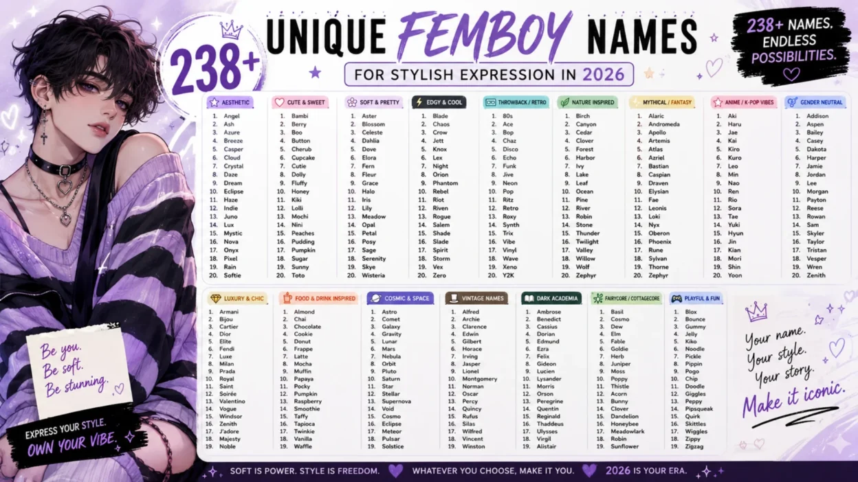 238+ unique femboy names for stylish expression, including cute, aesthetic, edgy and fantasy names