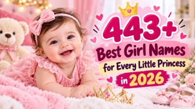 443+ best girl names for 2026 featuring a smiling baby girl, pink bow, teddy bear, and princess crown