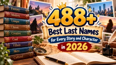 488+ best last names for stories and characters in 2026 with books, a quill, and an open notebook