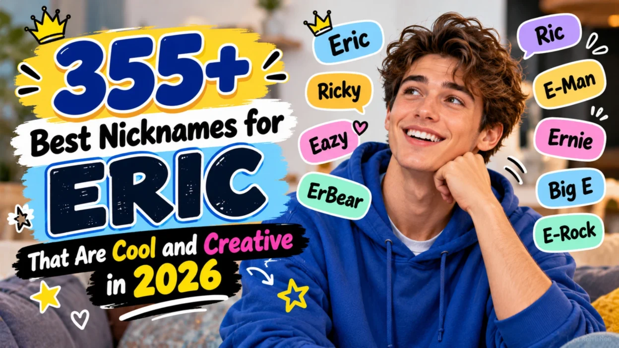 355+ best nicknames for Eric featuring a smiling man and colorful nickname labels like Ricky, E-Man, and ErBear