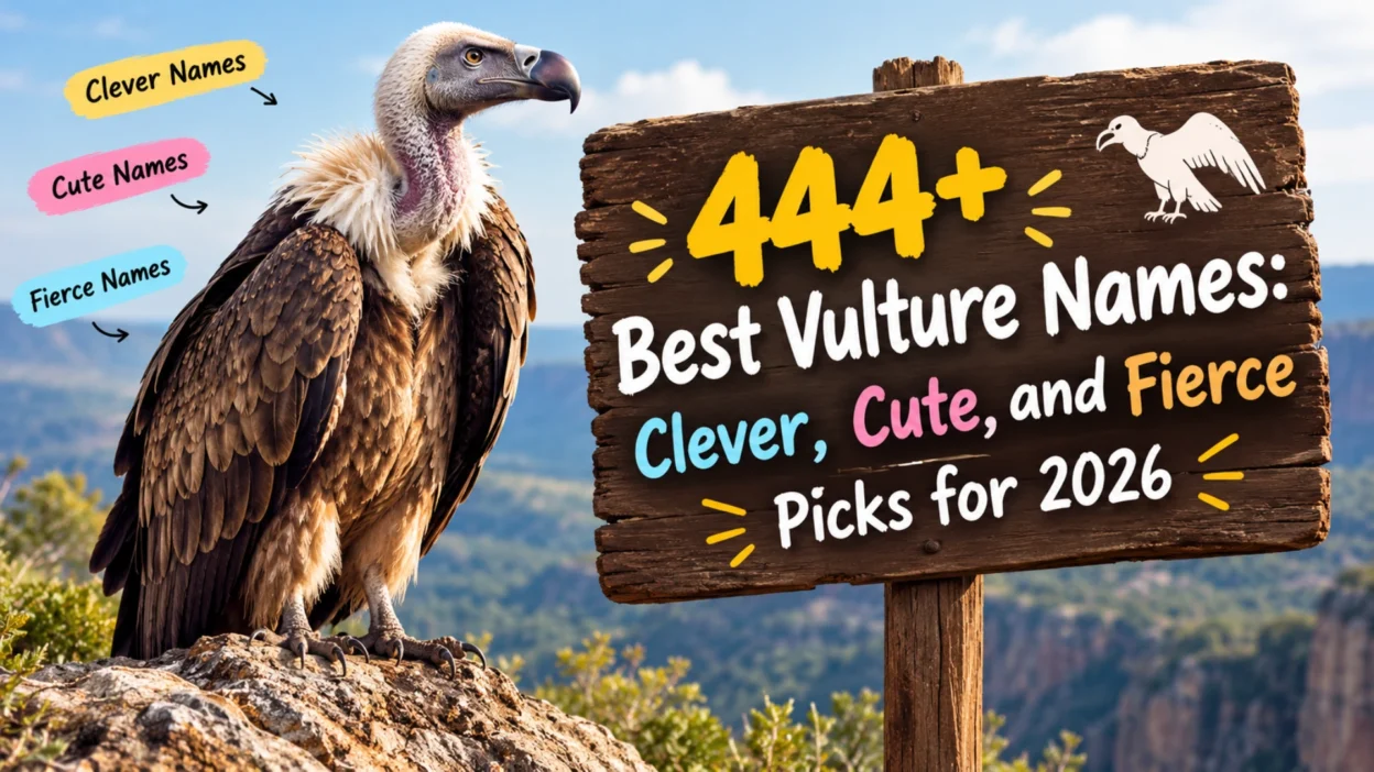 444+ best vulture names featuring clever, cute, and fierce ideas beside a vulture on a rocky ledge