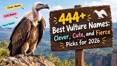 444+ best vulture names featuring clever, cute, and fierce ideas beside a vulture on a rocky ledge
