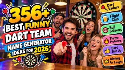 356+ funny dart team name ideas with friends holding darts beside a dartboard and colorful team name labels