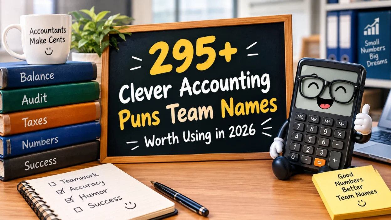 295+ clever accounting puns team names displayed on a chalkboard with books, a calculator, and office supplies