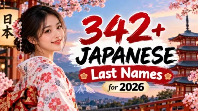342+ Japanese last names for 2026 featuring a woman in a floral kimono, cherry blossoms, Mount Fuji, and a Japanese pagoda