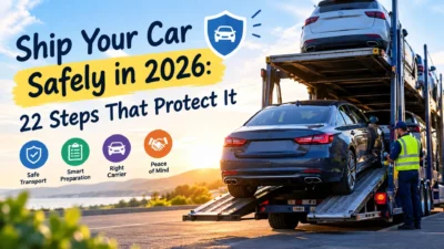 Safe car shipping in 2026 with a vehicle secured on an auto transport carrier